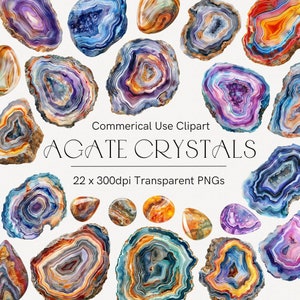 Op de afbeelding: Een verzameling van 22 agaat-kristalillustraties in verschillende kleuren en patronen. De agaat-kristallen zijn transparante PNG's, 300 dpi.