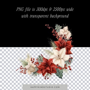 May include: A corner arrangement of red and white poinsettia flowers with green leaves and red berries.