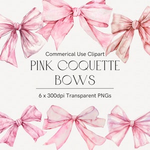 May include: Six watercolour pink bows with a textured look. The bows are arranged in a circle around the text "PINK COQUETTE BOWS" and "6 x 300dpi Transparent PNGs".