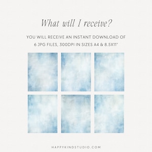 Puede incluir: Imagen de seis impresiones de arte digital cuadradas con efecto acuarela en tonos azules y blancos. El texto en la parte superior dice "What will I receive?" y debajo, "YOU WILL RECEIVE AN INSTANT DOWNLOAD OF 6 JPG FILES, 300DPI IN SIZES A4 & 8.5X11".