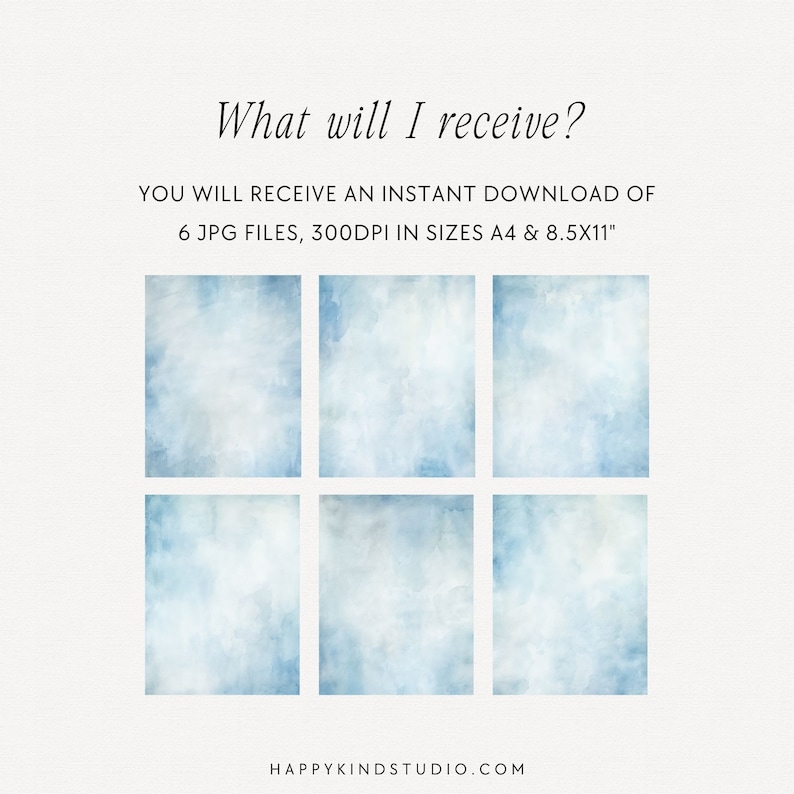 Puede incluir: Imagen de seis impresiones de arte digital cuadradas con efecto acuarela en tonos azules y blancos. El texto en la parte superior dice "What will I receive?" y debajo, "YOU WILL RECEIVE AN INSTANT DOWNLOAD OF 6 JPG FILES, 300DPI IN SIZES A4 & 8.5X11".