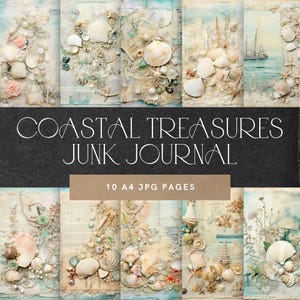 Diario de basura de playa, conchas marinas y perlas, hoja de collage, papeles costeros antiguos, papel digital oceánico, tesoros marinos náuticos, kit digital 375