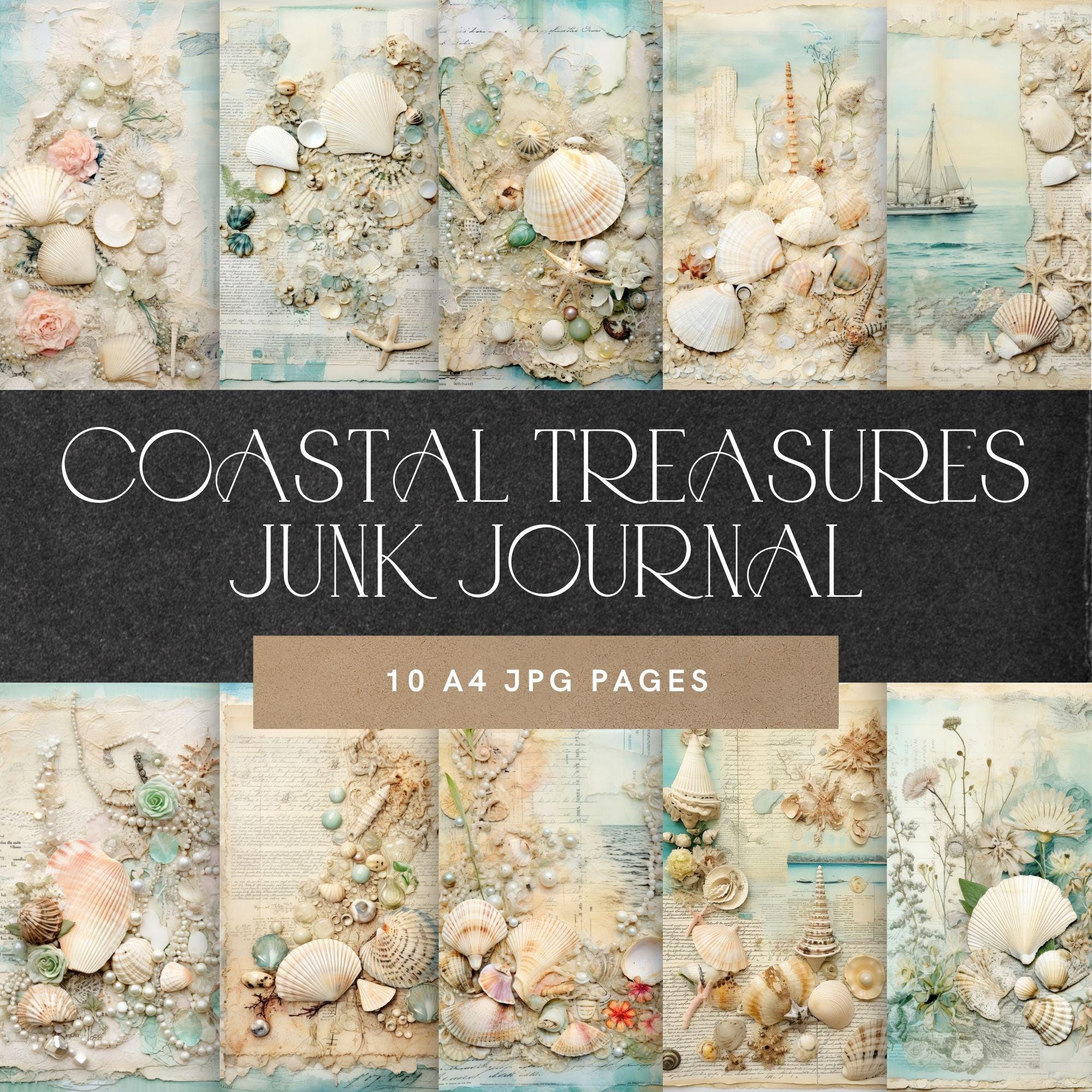 Junk Shells Beach Junk Journal, Sea Shells Pearls, Collage Sheet, Vintage Coastal ...