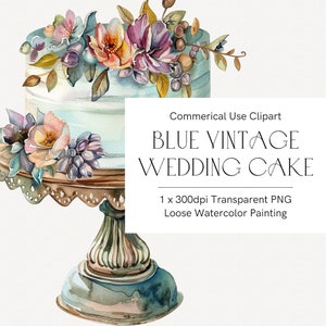 Blue wedding cake clipart, Gender reveal blue cake, Vintage wedding clipart, Cake with flowers on stand, Dessert clipart, Watercolor cake,