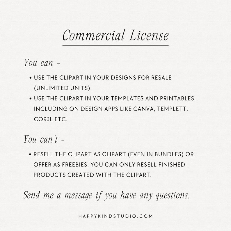 Puede incluir: Un documento color crema con el t&iacute;tulo "Commercial License" (Licencia Comercial) que detalla los t&eacute;rminos de uso para im&aacute;genes predise&ntilde;adas, incluyendo derechos de reventa y restricciones. Tambi&eacute;n incluye el sitio web HAPPYKINDSTUDIO.COM.