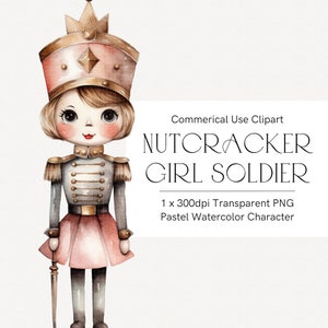 Aquarela de clipart de quebra-nozes, menina soldado, png transparente de quebra-nozes pastel, balé quebra-nozes rosa Natal, Natal de conto de fadas, Cartões
