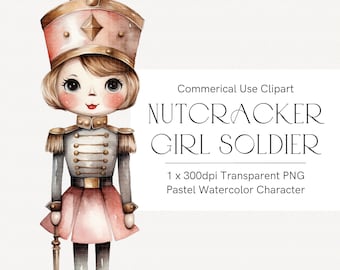 Nutcracker clipart watercolor, Girl soldier, Pastel nutcracker transparent png, Pink nutcracker ballet Christmas, Fairytale Christmas, Cards