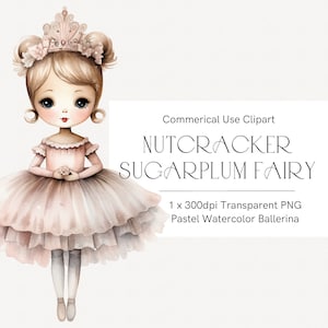 Clipart de fada em aquarela, clipart de quebra-nozes rosa pastel, linda bailarina em aquarela, balé de Natal, cartões de Natal DIY
