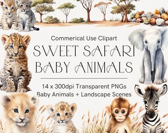 Baby safari animals clipart, Watercolor African animals, Transparent PNGs, Cute nursery clipart, Lion, Elephant, Lion, Zebra, Cheetah, Tiger