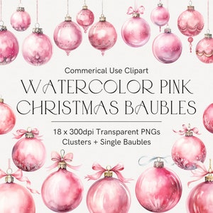 May include: Set of 18 watercolor pink Christmas baubles, including single ornaments and clusters of baubles. The baubles are decorated with glitter and have a delicate, hand-painted look.