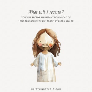 May include: Digital illustration of a cartoon Jesus with brown hair and a beard, wearing a white robe. The image is against a white background with the text "What will I receive?" and "YOU WILL RECEIVE AN INSTANT DOWNLOAD OF 1 PNG TRANSPARENT FILSE, 300DPI AT 2500 X 4281 PX" below the image. The text "HAPPYKINDSTUDIO.COM" is at the bottom of the image.