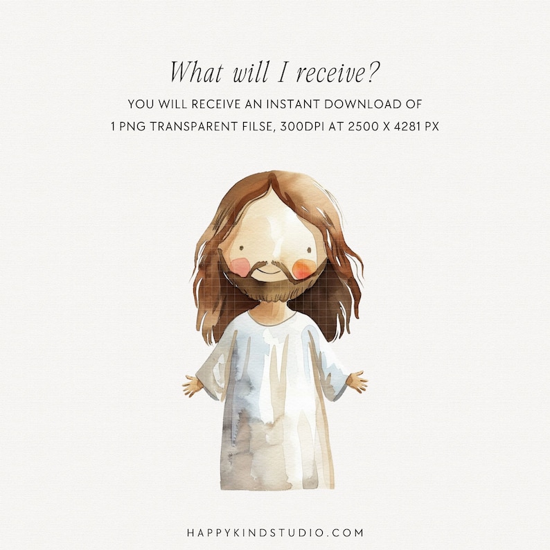 May include: Digital illustration of a cartoon Jesus with brown hair and a beard, wearing a white robe. The image is against a white background with the text "What will I receive?" and "YOU WILL RECEIVE AN INSTANT DOWNLOAD OF 1 PNG TRANSPARENT FILSE, 300DPI AT 2500 X 4281 PX" below the image. The text "HAPPYKINDSTUDIO.COM" is at the bottom of the image.