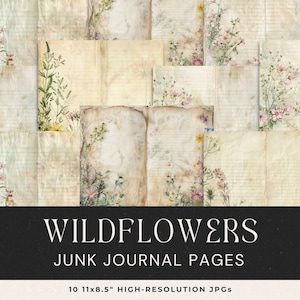 Papel de jornal lixo de flores silvestres, papel digital de flores silvestres em aquarela, páginas imprimíveis vintage, kit de flores efêmeras, papel antigo forrado 389
