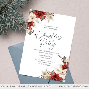 May include: A white Christmas party invitation with red and white poinsettia flowers and greenery. The text reads "You are invited to Avery and River's Christmas Party. Join us for a glamorous night of sparkle and spirit! 24 December 2030 from 6:30pm. 123 Anywhere St., Any City. RSVP +123-456-7890 by 20 December."