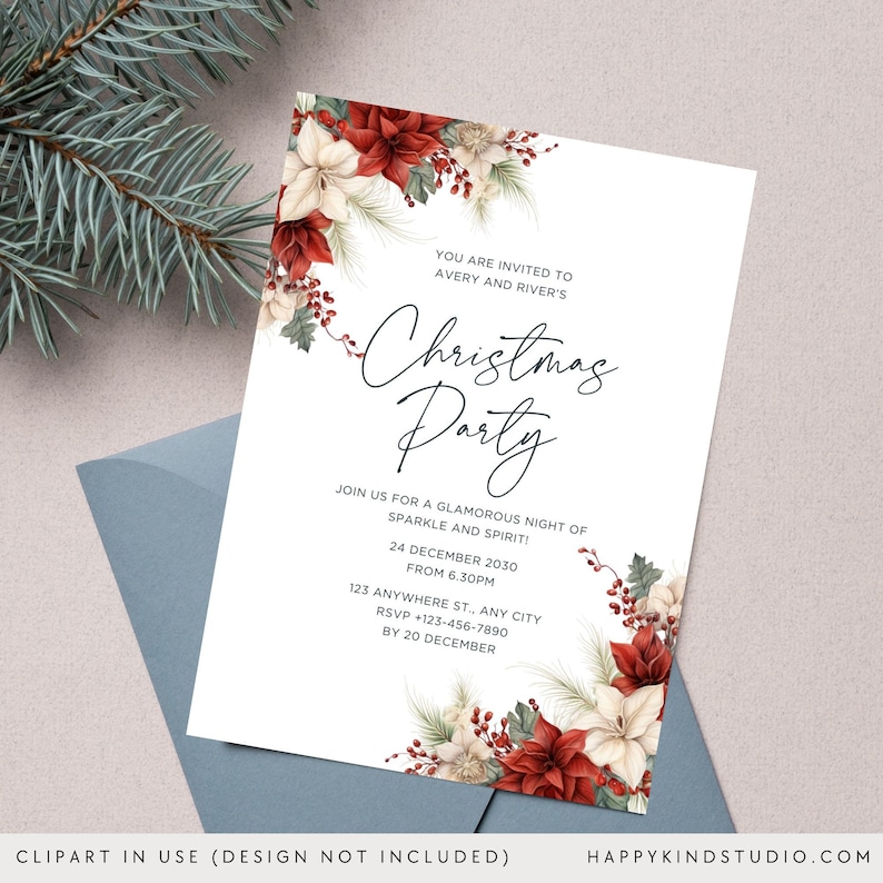 May include: A white Christmas party invitation with red and white poinsettia flowers and greenery. The text reads "You are invited to Avery and River's Christmas Party. Join us for a glamorous night of sparkle and spirit! 24 December 2030 from 6:30pm. 123 Anywhere St., Any City. RSVP +123-456-7890 by 20 December."