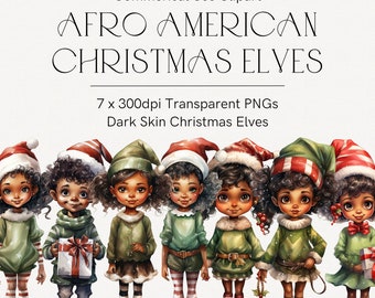 Black girl elf clipart, Afro American elves, Boy and girl elves, Watercolor elf, Christmas clipart, Diversity clipart, Transparent PNG