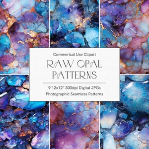 May include: Nine digital seamless patterns featuring a close-up of raw opal with blue, purple, and gold colours. The patterns are 12 inches by 12 inches and 300 dpi.