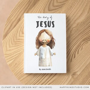 May include: A white book with the title "The story of JESUS" in black text. A watercolor illustration of Jesus with long brown hair and a beard is featured on the cover. The book is by Jane Smith.