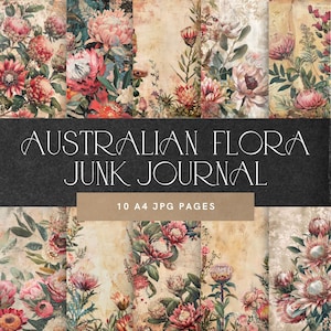 Australische Blumen Junk Journal Kit, Blumen, A4 Innenseite, Innenseiten, Buch Cover, Rustikal Shabby Chic, Protea Sugarbush 337