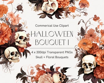 Halloween clipart, Halloween flowers clipart, Flowers and skulls, Gothic clipart, Transparent png, Watercolor orange flowers, Tattoo flowers