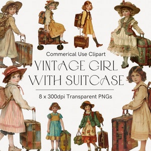 Clipart de menina com mala, ilustração de menina vintage, clipart de férias, clipart de planejador, clipart de mala, bagagem de viagem de aventura para meninas 265