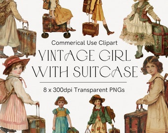 Clipart de menina com mala, ilustração de menina vintage, clipart de férias, clipart de planejador, clipart de mala, bagagem de viagem de aventura para meninas 265