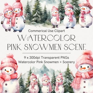 Pink Christmas, Pink watercolor snowman clipart, Pink snowman png, Digital download, Winter clipart, Pink holiday clipart, Christmas scene