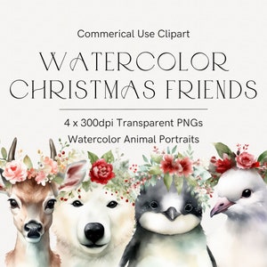 Aquarell niedliche Tiere Weihnachtscliparts, Tiere mit Blumenkronen, Kinderzimmer Kunst, Rentier, Pinguin, Eisbär, Taube, wunderliche Clipart