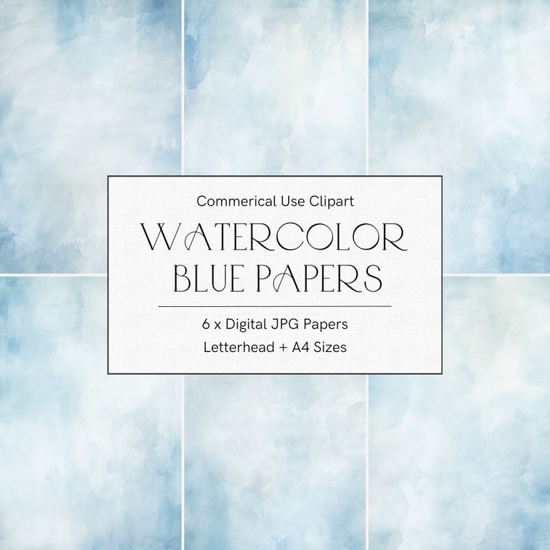 Puede incluir: Seis papeles JPG digitales con un dise&ntilde;o azul acuarela. La imagen incluye el texto "WATERCOLOR BLUE PAPERS" y "6 x Digital JPG Papers Letterhead + A4 Sizes."