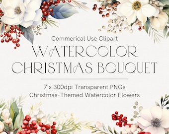 Watercolor Christmas floral bouquet, Flowers clipart, Winter berry, Holiday clipart, Transparent png, Commercial use, Template clipart
