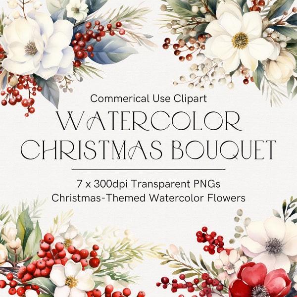 Watercolor Christmas floral bouquet, Flowers clipart, Winter berry, Holiday clipart, Transparent png, Commercial use, Template clipart