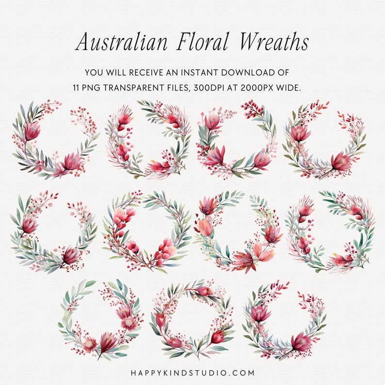 May include: Eleven watercolor floral wreaths with pink and green flowers. The wreaths are perfect for adding a touch of nature to your home decor.