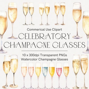 Clipart de verres de champagne aquarelle, boissons romantiques, art d'invitation à une fête du nouvel an, clipart mariage, champagne de mariage, transparent