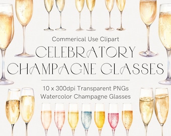 Watercolor champagne glasses clipart, Romantic drinks, New Year&#39;s Eve party invitation art, Wedding clipart, Wedding champagne, Transparent