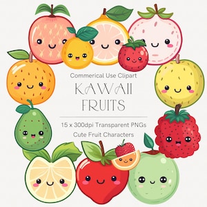 Süße Früchte Clip Art, Kawaii Früchte Clip Art, süße Früchte Symbole, Früchte Clipart-Set, bedruckbare Aufkleber, kommerzielle Nutzung, Transparente PNG 2