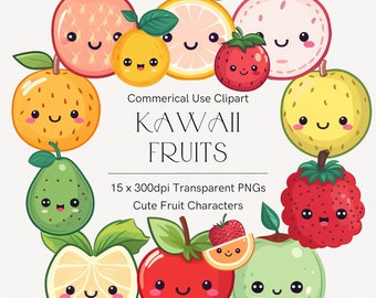 Schattig fruit illustraties, kawaii fruit illustraties, schattige fruit pictogrammen, fruit clipart set, afdrukbare stickers, commercieel gebruik, transparante png 2