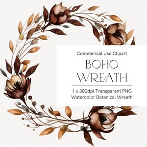 Aquarell braun Boho Kranz Clipart, Herbstkranz, Herbst Blumen Clipart, DIY Einladung, Boho Kranz, Aquarell Clipart, Blumenkranz 208