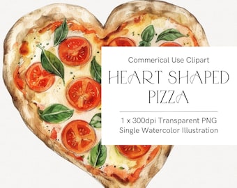 Heart Shaped Pizza Clipart - Watercolor Pizza Valentine PNG, A Slice of Fun, Margherita Heart Pizza, Italian Food Art, Commercial Use 399