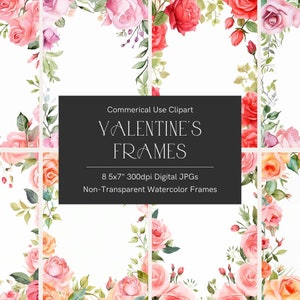 Watercolor roses, Valentine&#39;s Day border, Floral frames bundle, Botanical border, Valentine&#39;s clipart, Watercolor roses, 5x7 frames, Invites