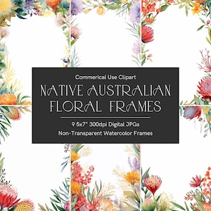 Bordes florales nativos australianos, paquete de marcos de invitación 5x7, imágenes prediseñadas de flores de Protea, borde de eucalipto, borde de acuarela, borde del desierto
