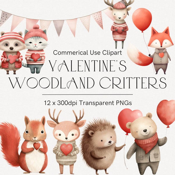 Valentine's woodland clipart, Woodland critters animals and bunting, Whimsical animals holding heart balloons, Critters, Watercolor png