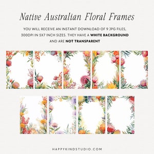 May include: Nine digital floral frames featuring watercolor illustrations of native Australian flowers in shades of pink, yellow, orange, and green. The frames are 5x7 inches and have a white background.
