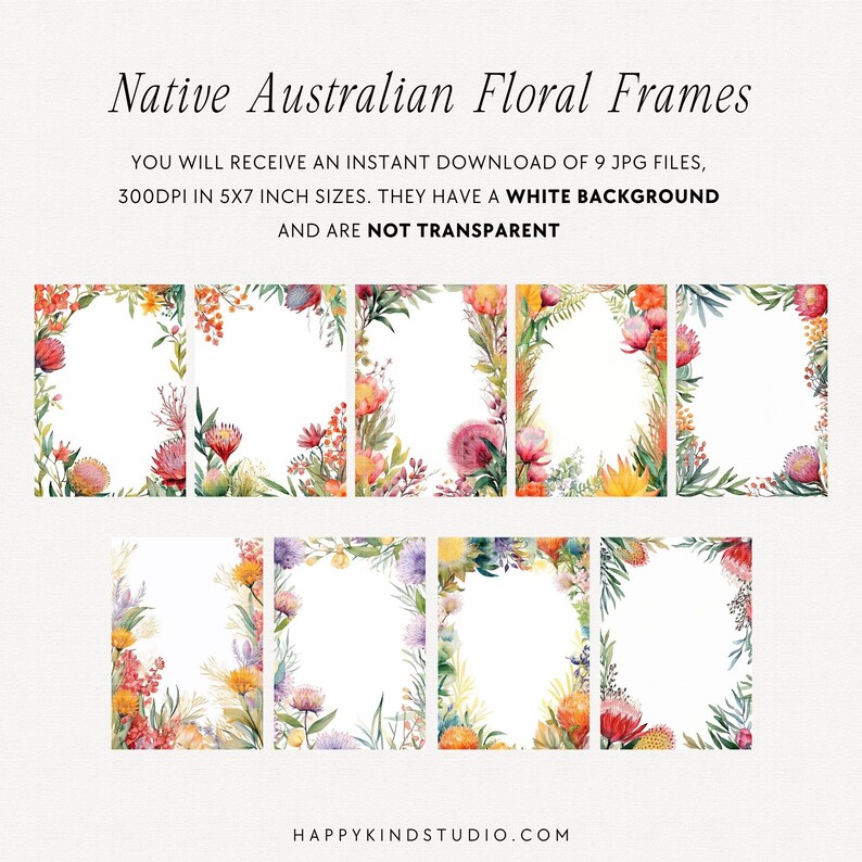 May include: Nine digital floral frames featuring watercolor illustrations of native Australian flowers in shades of pink, yellow, orange, and green. The frames are 5x7 inches and have a white background.