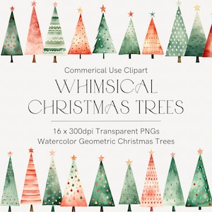 Watercolor Christmas trees clipart, Whimsical Christmas tree, Geometric Christmas tree illustrations, Transparent PNG, Cute Christmas trees