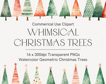 Watercolor Christmas trees clipart, Whimsical Christmas tree, Geometric Christmas tree illustrations, Transparent PNG, Cute Christmas trees