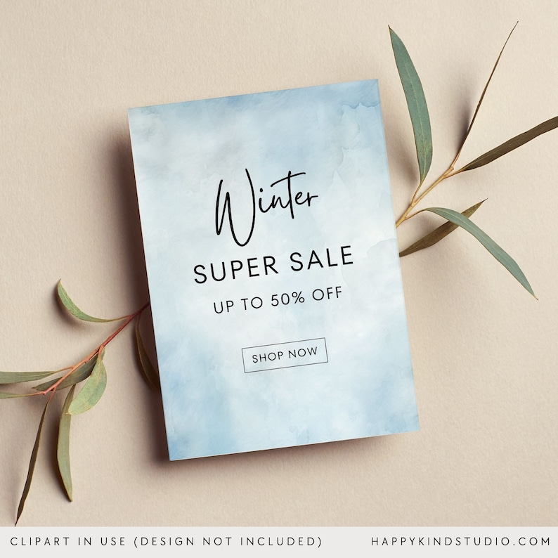 Puede incluir: Una tarjeta rectangular con un fondo azul estilo acuarela. La tarjeta presenta las palabras "Winter SUPER SALE UP TO 50% OFF" en texto negro. Un bot&oacute;n que dice "SHOP NOW" est&aacute; en la parte inferior. Una ramita de vegetaci&oacute;n est&aacute; en el fondo.