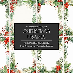 Clipart de bordures de Noël, JPG de cadres de Noël, clipart d'invitation de Noël, bordure de poinsettia, lot de cadres 5 x 7, Noël aquarelle