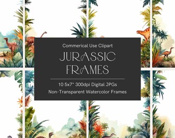Może przedstawiać: Dziesięć cyfrowych ramek akwarelowych o wymiarach 12,7 x 17,8 cm w stylu Jurassic Park. Ramki są nieprzezroczyste i przedstawiają dinozaury i tropikalne rośliny.