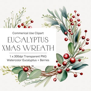 Clipart de guirlanda de eucalipto em aquarela, guirlanda de Natal com frutas, clipart de cartão de férias, guirlanda festiva de inverno, tema de inverno, vegetação