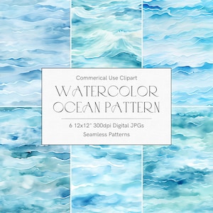 Watercolor ocean seamless pattern, Digital paper clipart, Seamless tiles, Scrapbooking paper, Blue water pattern, Beach theme, Coastal decor
